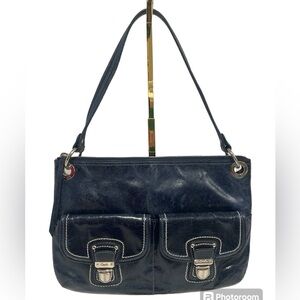 Coach M1193-18996 Navy Leather Shoulder Bag with front utility pockets
